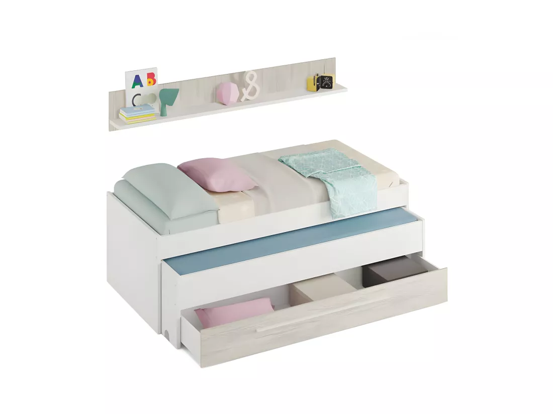 Lit gigogne 90x190 Blanc et Bois blanc - PANDA