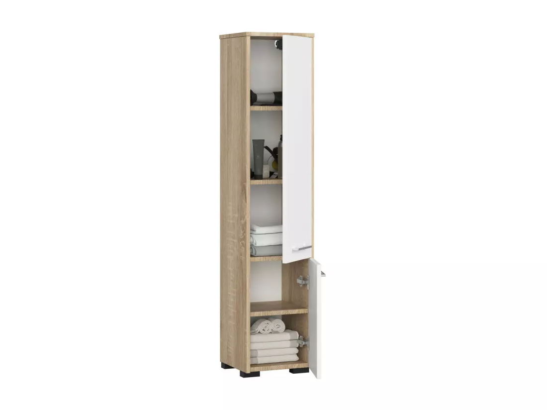 Colonne salle de bains AKORD FIN Chêne Sonoma 30 cm 2 portes façade Blanche 5 étagères 30x30x140 cm