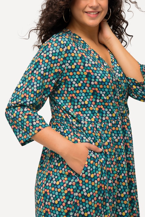 Jerseykleid, Punkte, Wickeloptik, V-Ausschnitt, 3/4-Arm