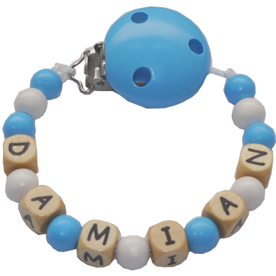 Schnullireich Schnullerkette mit Namen bis 8 Buchstaben (Holz) Hellblau