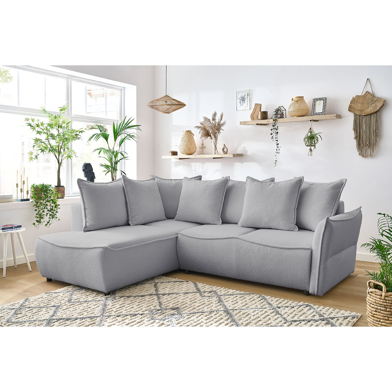 Bobochic Canapé d'angle L gauche convertible bouclette Léon gris clair - 257x90x194 cm