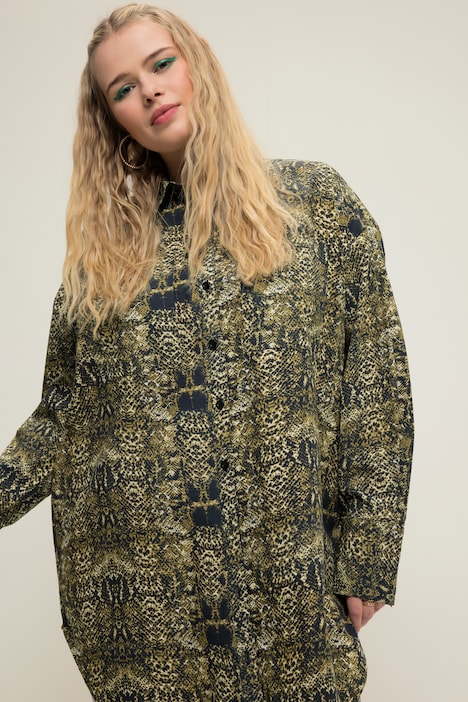 Hemdbluse, oversized, Snakeprint, Knopfleiste, Hemdkragen