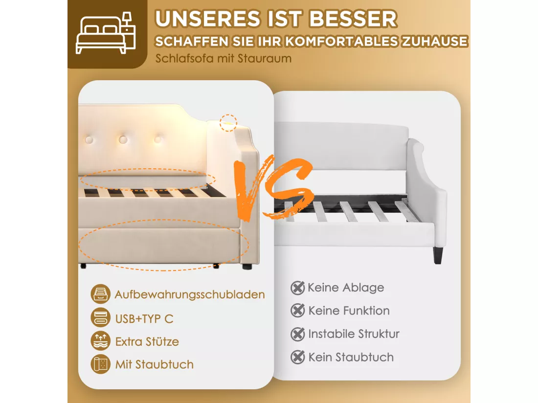 Lit capitonné 90 x 200 cm avec 2 tiroirs, canapé-lit avec 2 tiroirs, lampe de lecture et prise USB Type-C - Velours - Beige (sans matelas)