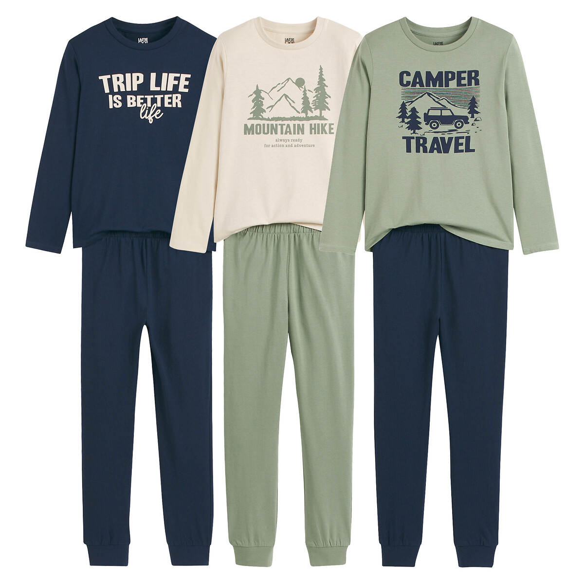 COLEÇÃO LA REDOUTE<br>Conjunto de 3 pijamas de malha, estampados com texto e desenho de montanha