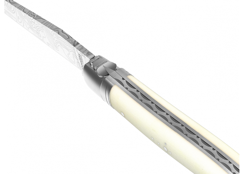 Couteau Laguiole collection damas avec un manche en os de bovin et 2 mitres en acier inoxydable