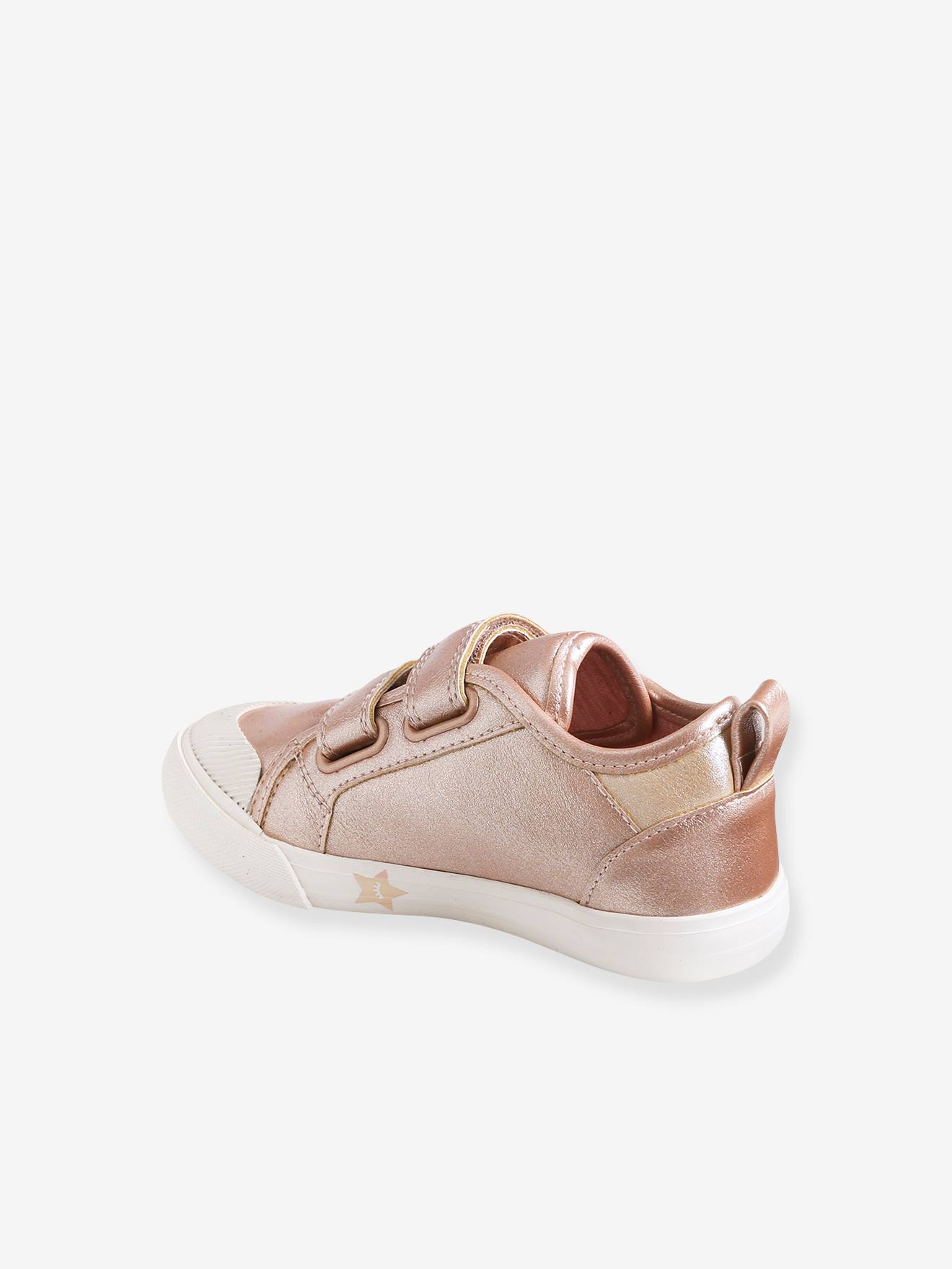 Tênis infantil feminino com fecho de velcro, ideal para pessoas com necessidades especiais que precisam de independência, rosa metálico claro.