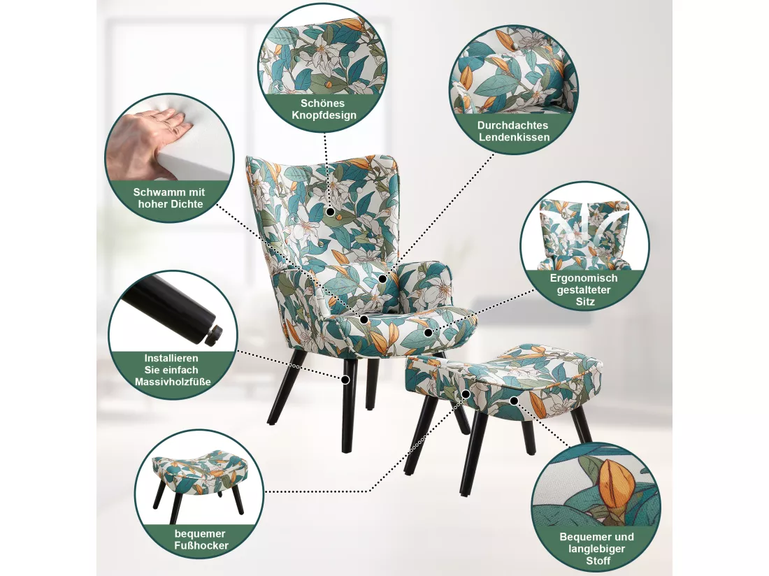 Fauteuil HomeMiYN avec Coussin et Tabouret - Chaise d'Angle Rustique pour le Salon