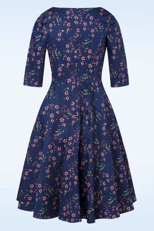 Topvintage Boutique Collection Adriana Pink Blossom swing jurk in navyblauw