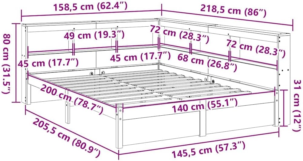 vidaXL Massivholzbett mit Regal ohne Matratze 140x200 cm Kiefernholz, Holzbett mit Regal, Massivholzbett mit Regal, Bett, Holzbett mit Bücherregal