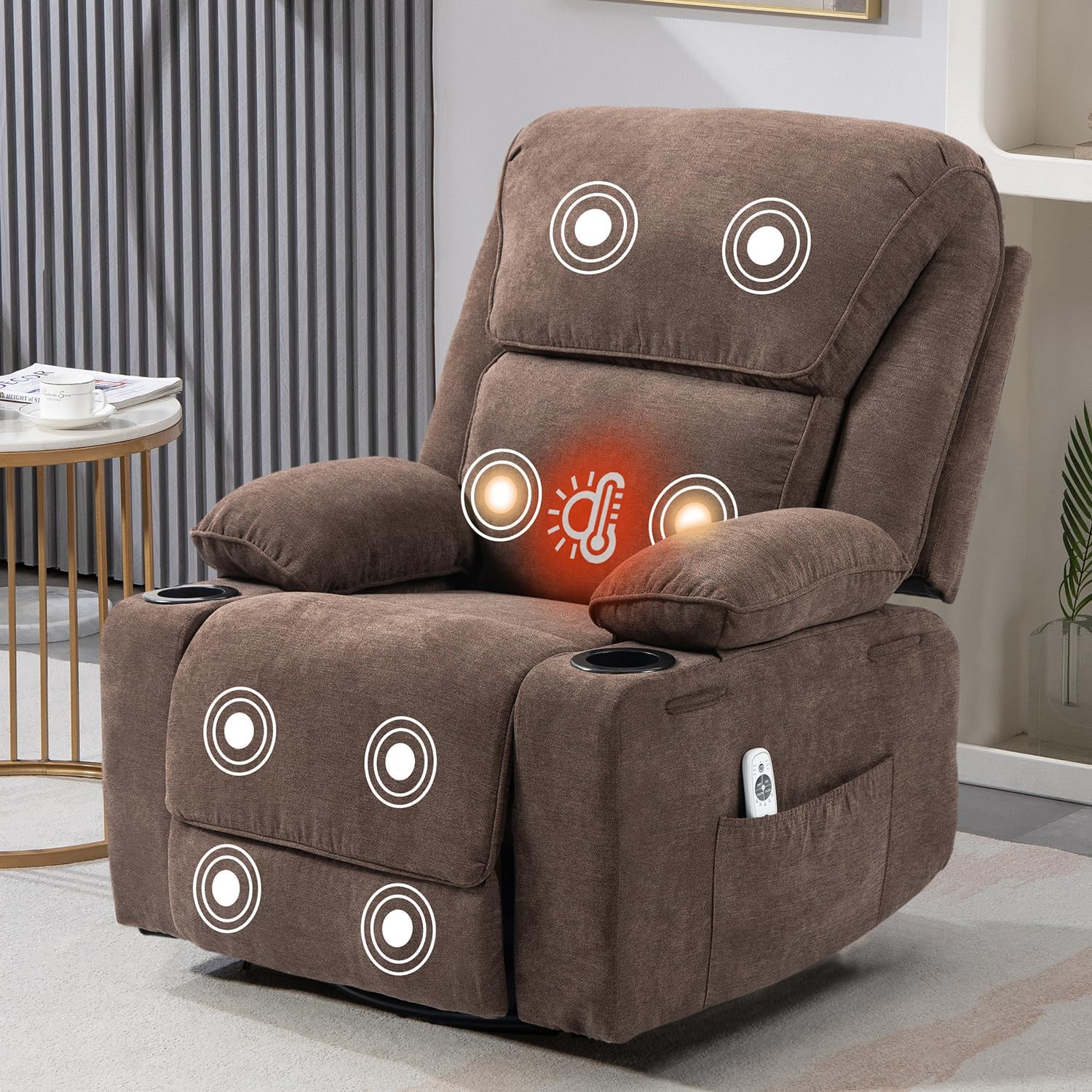 Relaxsessel mit Massagefunktion Fernsehsessel Liegefunktion Vibration Heizung, Dicke Rückenlehne und Armlehnen, mit Wippfunktion, 360°drehbar, Braun