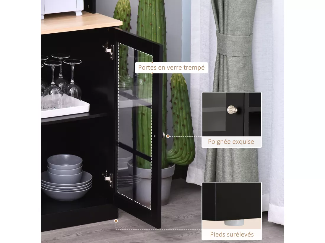 Armoire de cuisine multi-rangements 3 portes vitrine verre avec étagère 2 niches grand plateau MDF noir chêne