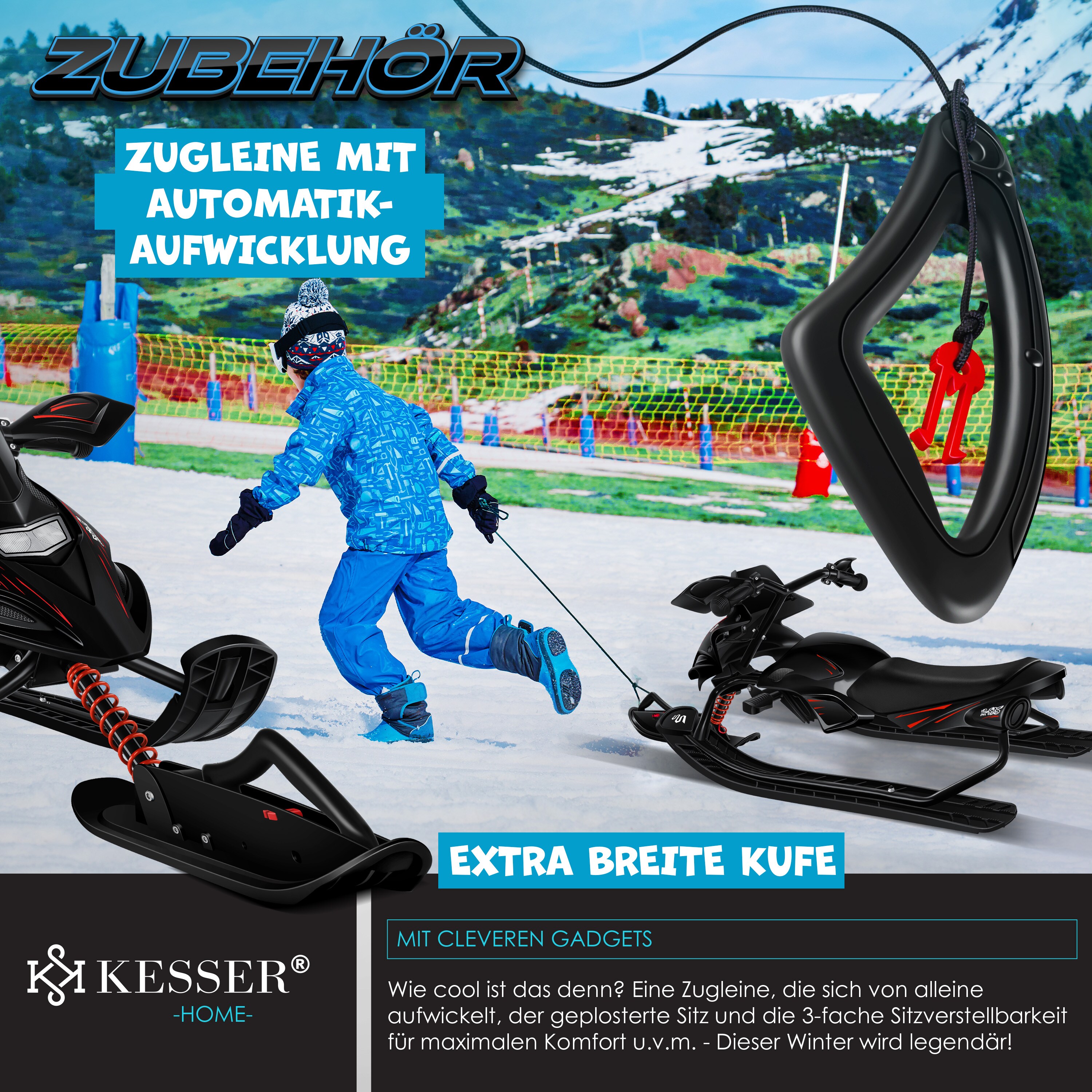 KESSER® Lenkschlitten mit 2 Fußbremsen | Automatisches Zugseil | Federung | Kufenlenkung | Bob Kinderschlitten Rodel Schlitten | Skiboblenkschlitten |