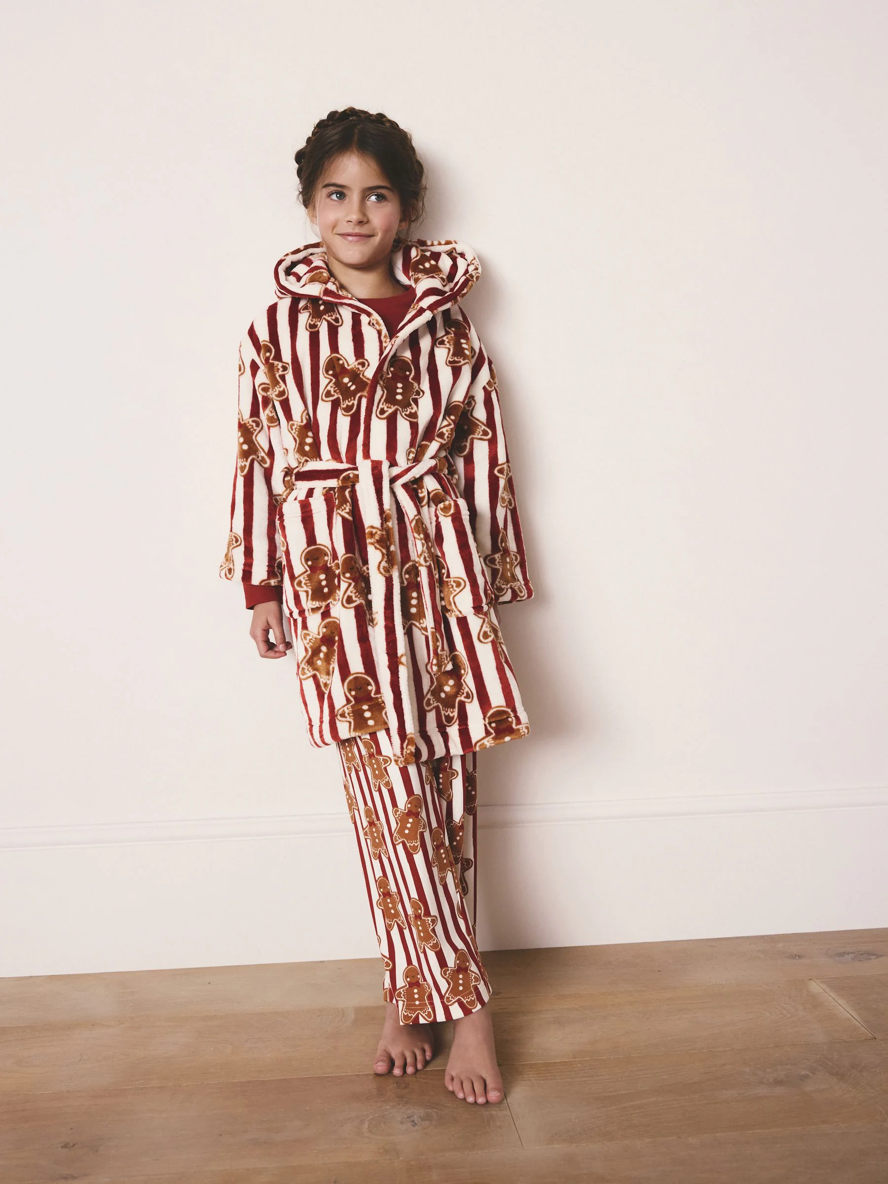 Rood met peperkoekprint - Matching Family Kerstmis gezellige fleece badjas (1.5-16jaar)