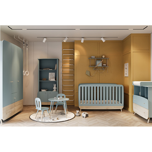 Chambre Trio Lit 70x140 + Commode + plan à langer + Armoire FIRMIANA Bleu Orage - CBA Meubles