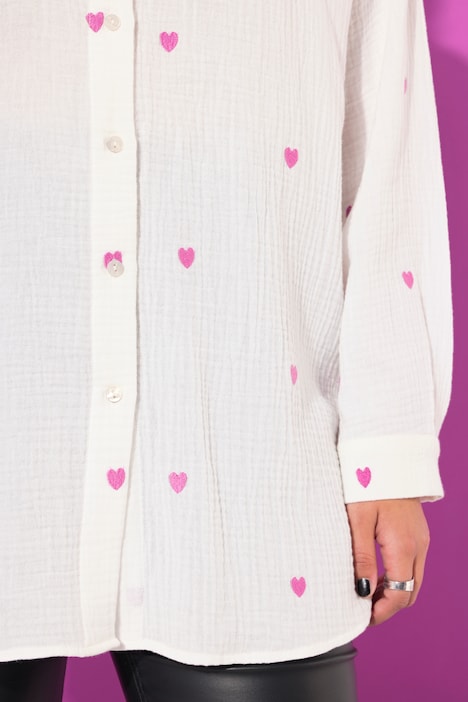 Hemdbluse, oversized, Musselin, Herz-Stickerei, Hemdkragen, Langarm
