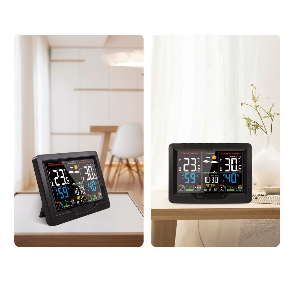 (2-tlg. Set) Wireless Wetterstation Digital Thermometer / Hygrometer / Wecker mit Wettervorhersage   Aussensensor (Batteriebetrieben) - Schwarz