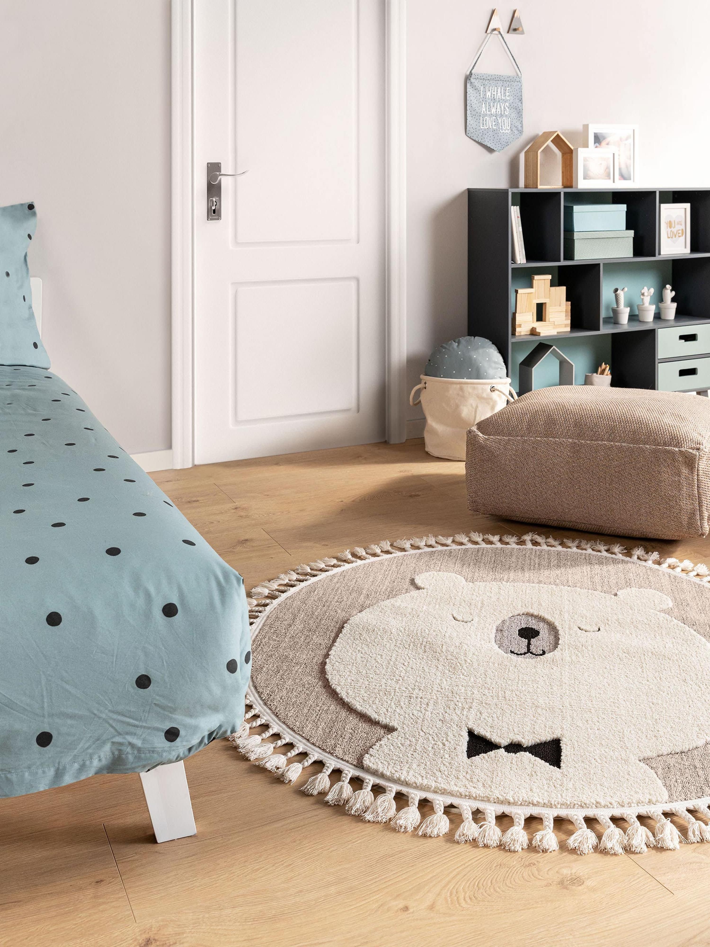 Rond kindervloerkleed Momo met kwastjes en hoog-laag effect