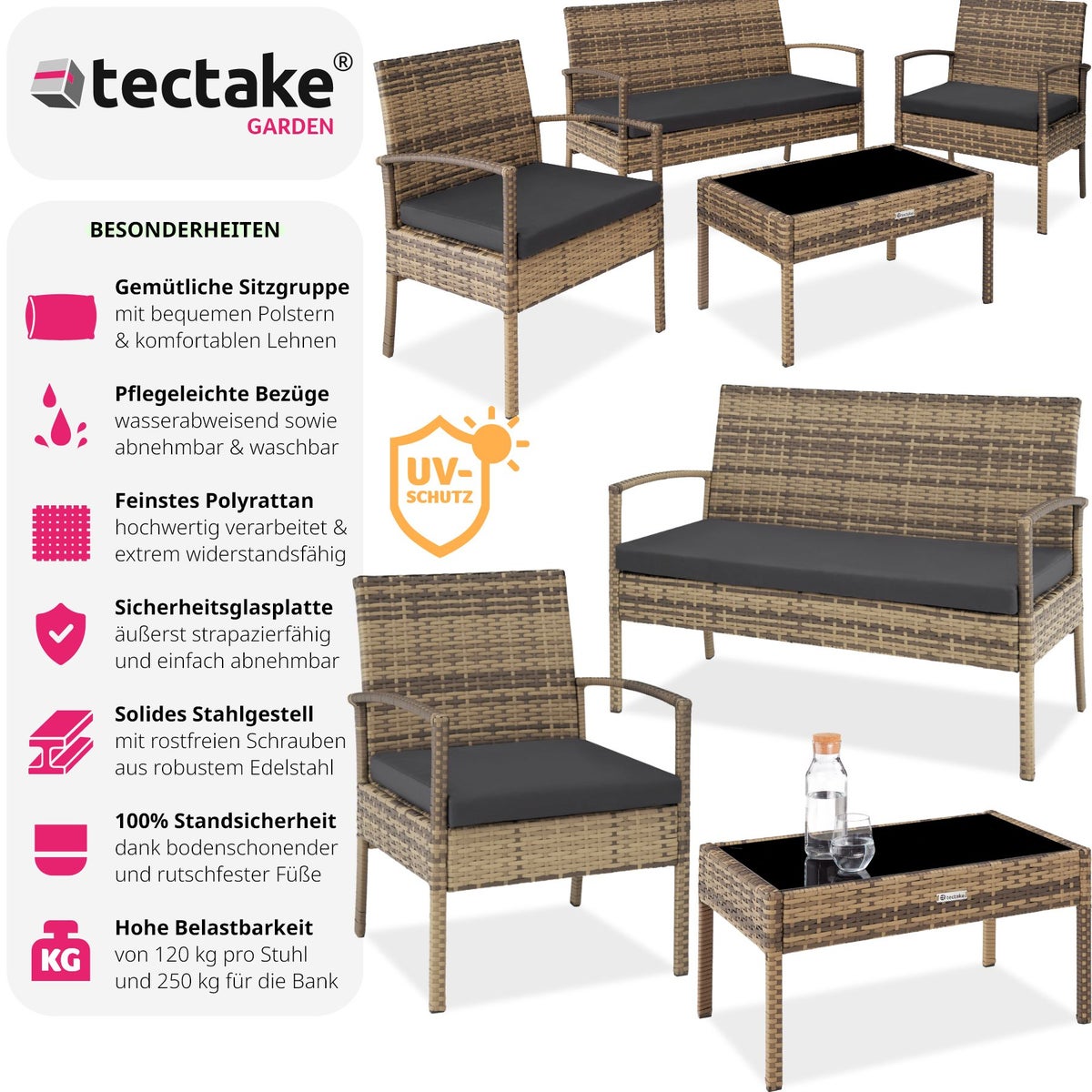 tectake Sparta rotan zitgroep voor 4 personen, slank frame