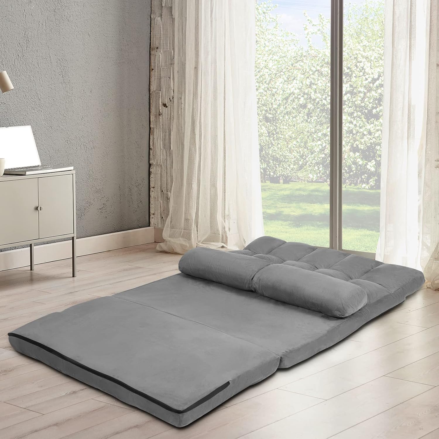 GOPLUS 2 Sitzer Bodensofa mit 2 Kissen, 3 in 1 Sofabett Liege Sofa mit 6 stufig Verstellbarer Rückenlehne, Klappsofa mit Schlaffunktion für Wohnzimmer Schlafzimmer (Grau)