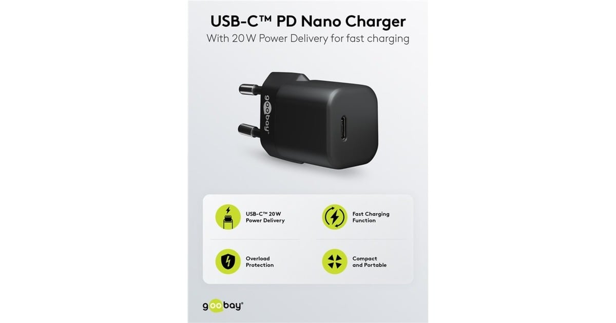 goobayUSB-C PD GaN snellader Nano (20 W)   (Zwart, 1x USB-C, Power Delivery 3.0)