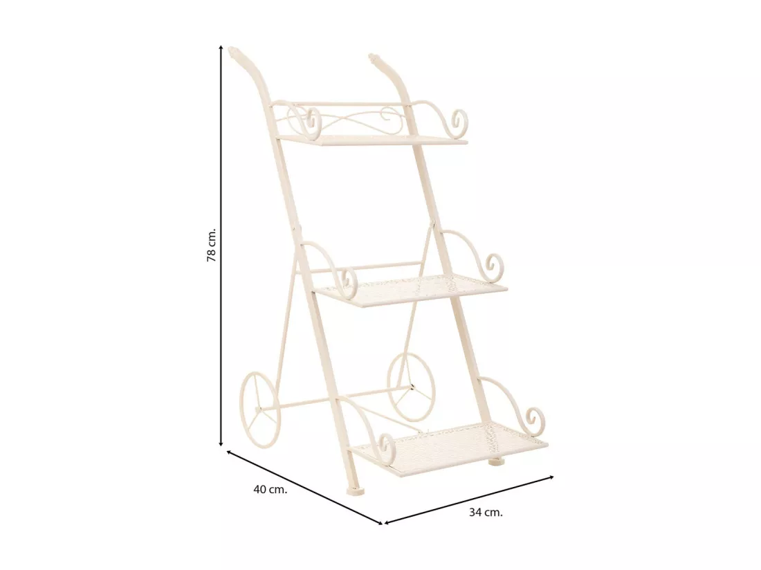 Chariot 3 étagères pour pots de fleurs en fer forgé blanc 40x34x78h cm