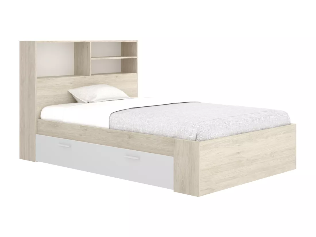 Lit 120 x 190 cm avec rangements - Coloris : Naturel et blanc - VARDIEL