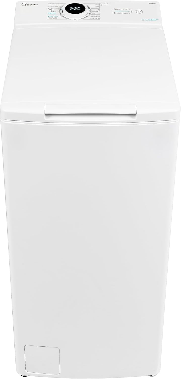 Midea Toplader Waschmaschine MF10ET80B / 8KG / A / 1300 U/min/BLDC Inverter Mortor/Dampffunktion/SoftOpener/XL Türöffnung/Kurz 15'&45' / Mehrere Temperaturoptionen/AquaStop, Weiß