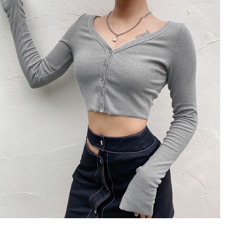 Trisica - V-hals geribbeld cropped vest met knoopjes