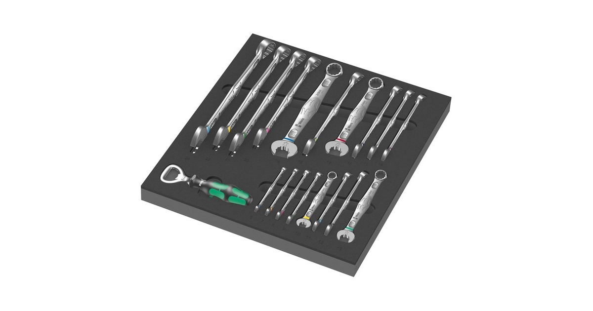 Wera9731 Schuimrubberen inzetstuk met 6003 Joker Set 1, 19‑delig gereedschapsset  (Zwart/grijs, Combinatie ratelsleutelset, in schuimrubberen inzet voor werkplaatswagen)