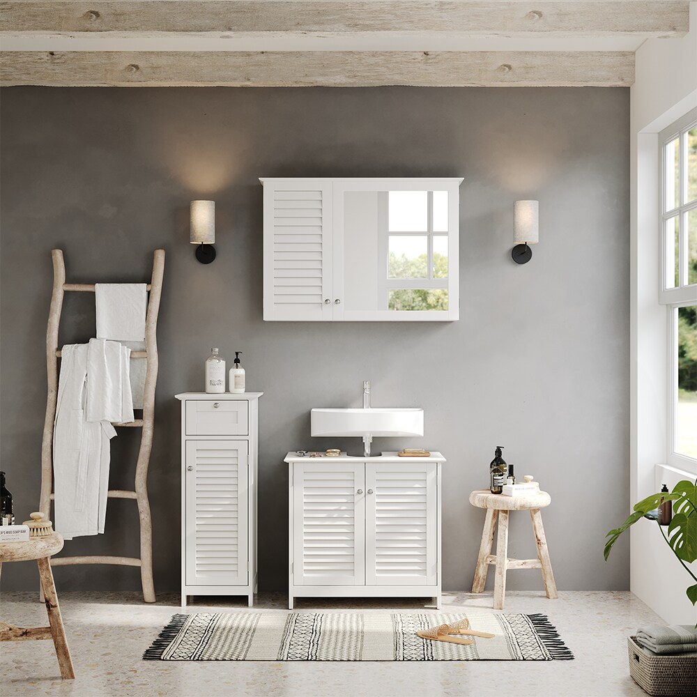 Vicco Badmöbel-Set Riad, Weiß, Badezimmer, moderne Badserie, Lamellen-Front, Waschtischunterschrank, Spiegelschrank, Midischrank