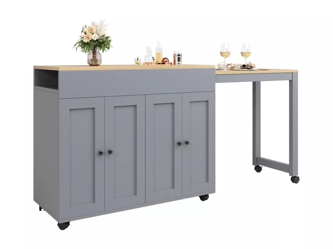 Ilot central de cuisine avec table à manger et 4 portes - 118/180 x 50 x 94 cm - MDF - Gris