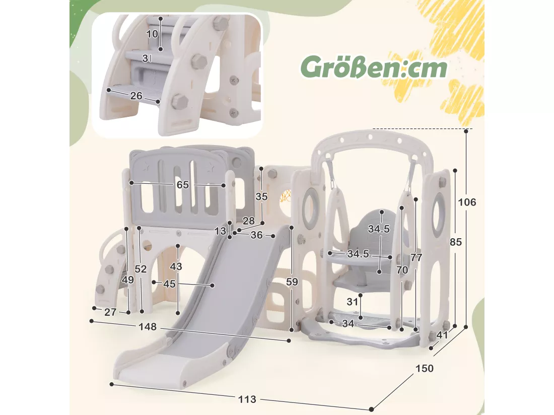 Toboggan 7 en 1 pour enfants - 215 x 150 x 106cm - en HDPE - avec balançoire et panier de basket - Blanc