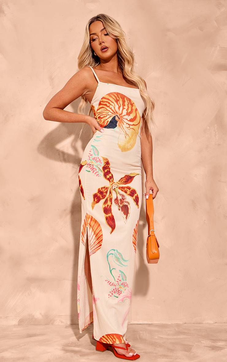 Multicolore Robe Longue Maxi À Imprimé Coquillages Texture Plissée Et Bretelles Contrastantes