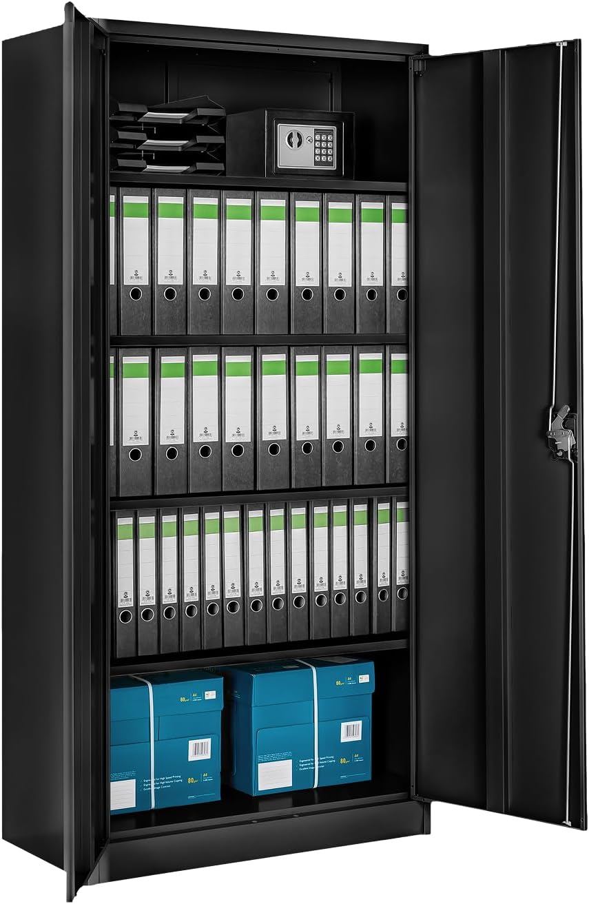 tectake® Aktenschrank, Büroschrank abschließbar, Mehrzweckschrank aus Stahl, Allzweckschrank mit 2 Türen, inkl. 3 höhenverstellbare Einlegeböden, Aktenschrank abschließbar 180x80x40 cm - schwarz