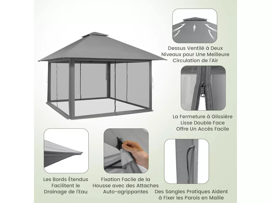 Tonnelle de Jardin Pliante 4 x 4M Pop-up avec Parois Latérales en Maille à Fermeture Éclair, Tente Réception Double Toit Hauteur Réglable Sac de Transport Anti UV,Gris