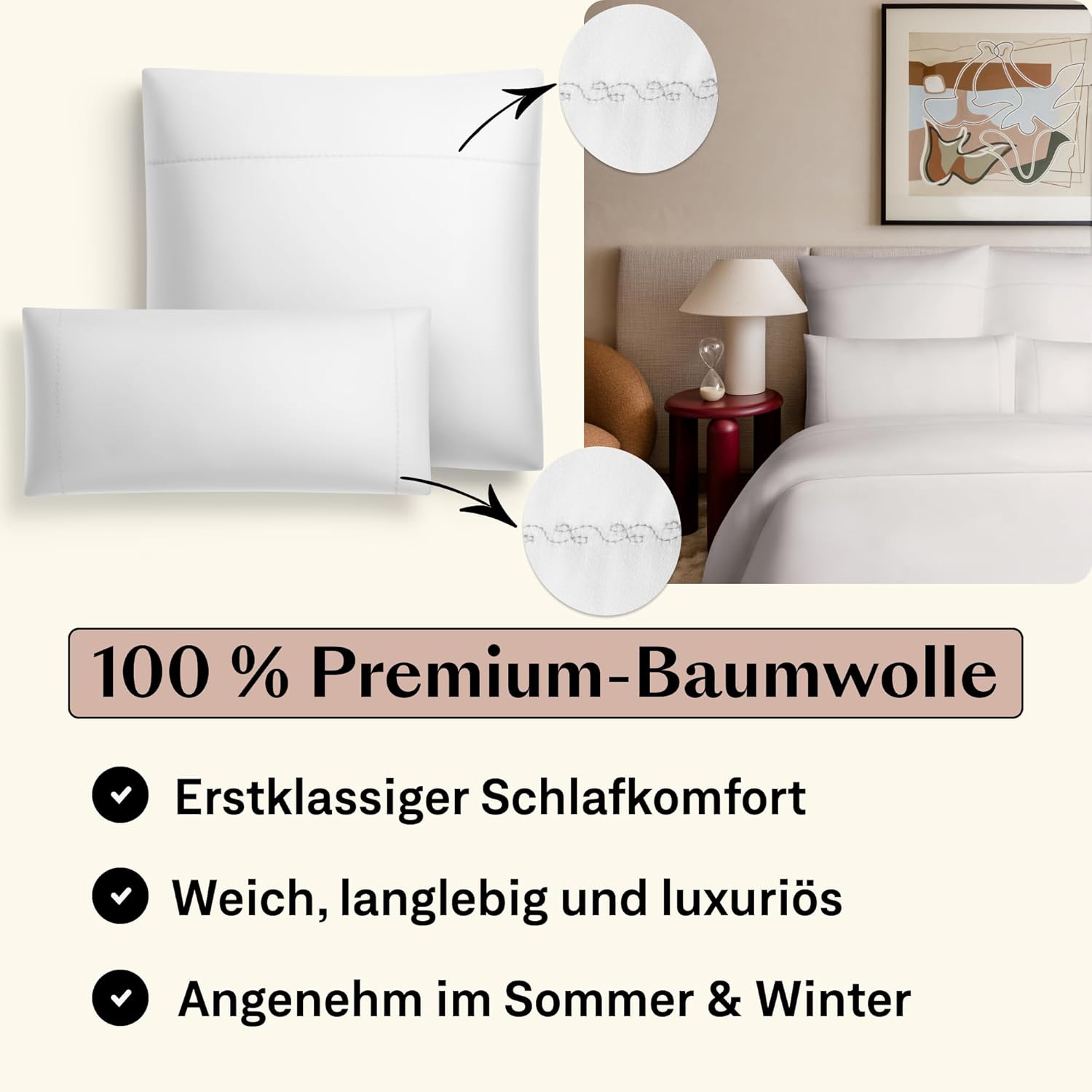 Mako Satin Bettwäsche 155 x 220 Weiß mit Stickerei| Bettwäsche Set 155x220| inkl. Kissenbezug 40x80| Hotelbettwäsche einfarbig| weich & hochwertig|LUMI