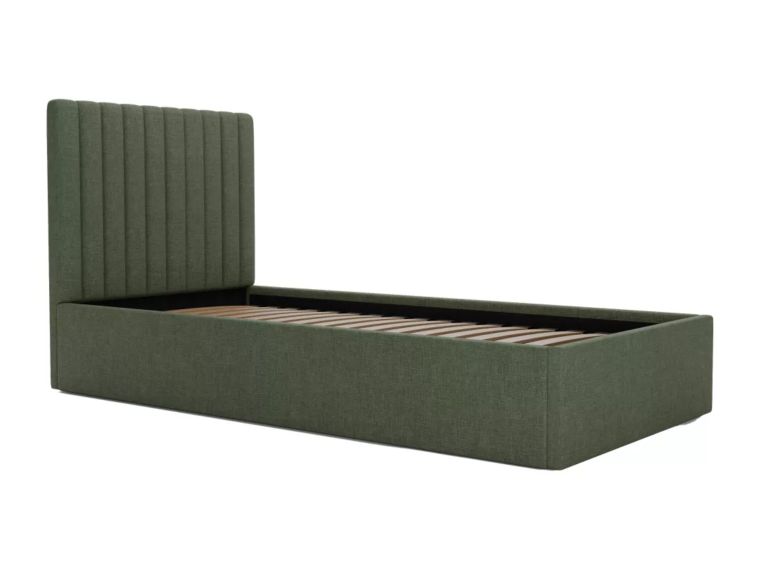 Lit coffre 90 x 190 cm avec tête de lit coutures verticales - Tissu - Kaki - SARAH
