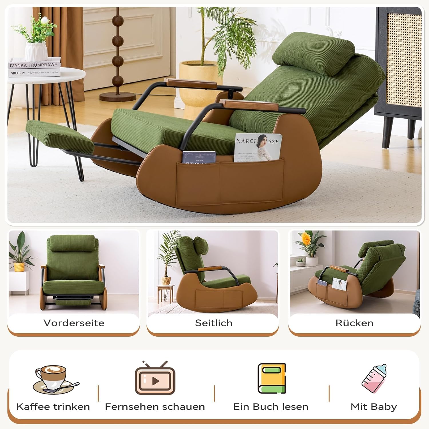 AVAWING Schaukelstuhl mit Klappbarer Rückenlehne,Schaukelsessel mit Kordober Holz und PU,Rocking Chair Schwingsessel für Wohnzimmer,Schlafzimmer,Beige-grün