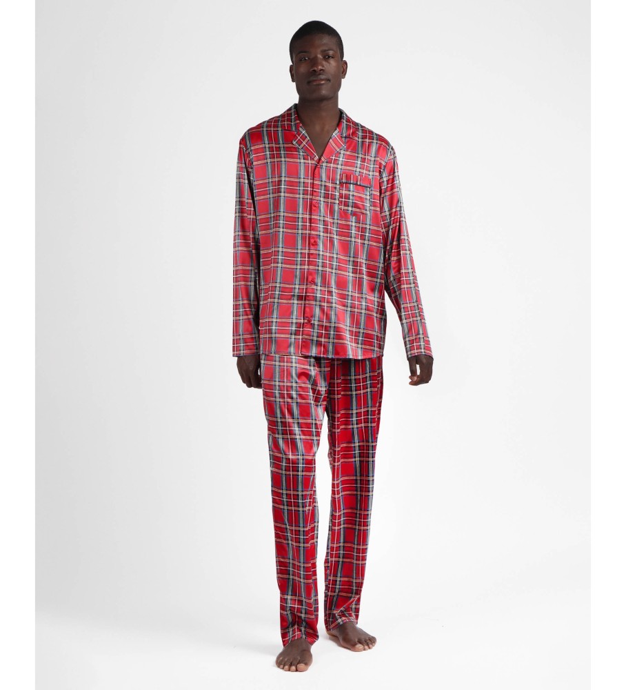 Pijama Admas de manga comprida aberto, estilo escocês, vermelho.