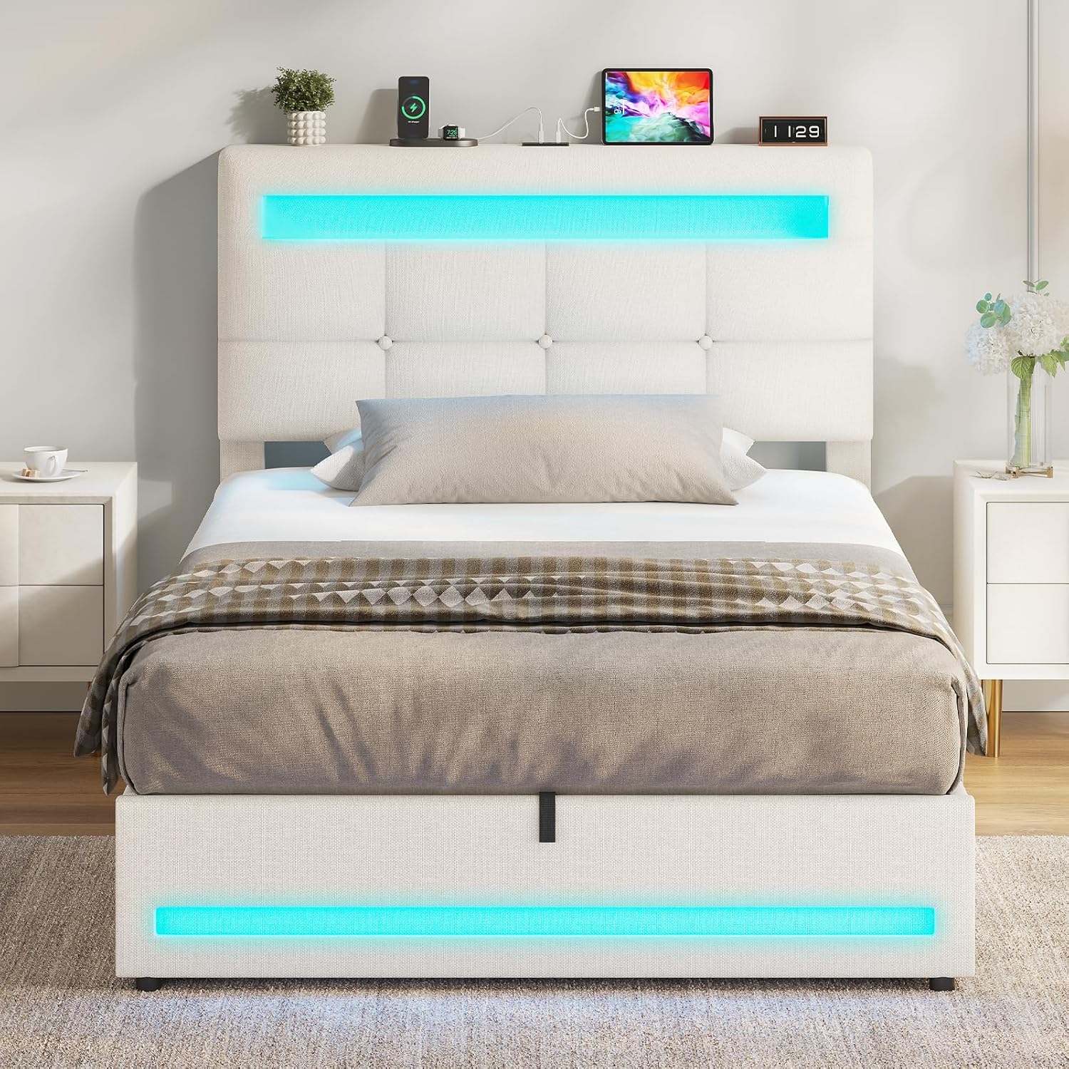 AOGLLATI Hydraulisch Stauraumbett 90×200cm, Polsterbett Doppelbett mit LED und USB-Ladefunktion, Funktionsbett Jugendbett mit Stauraum und Lattenrost, Linen,Ohne Matratze, Beige