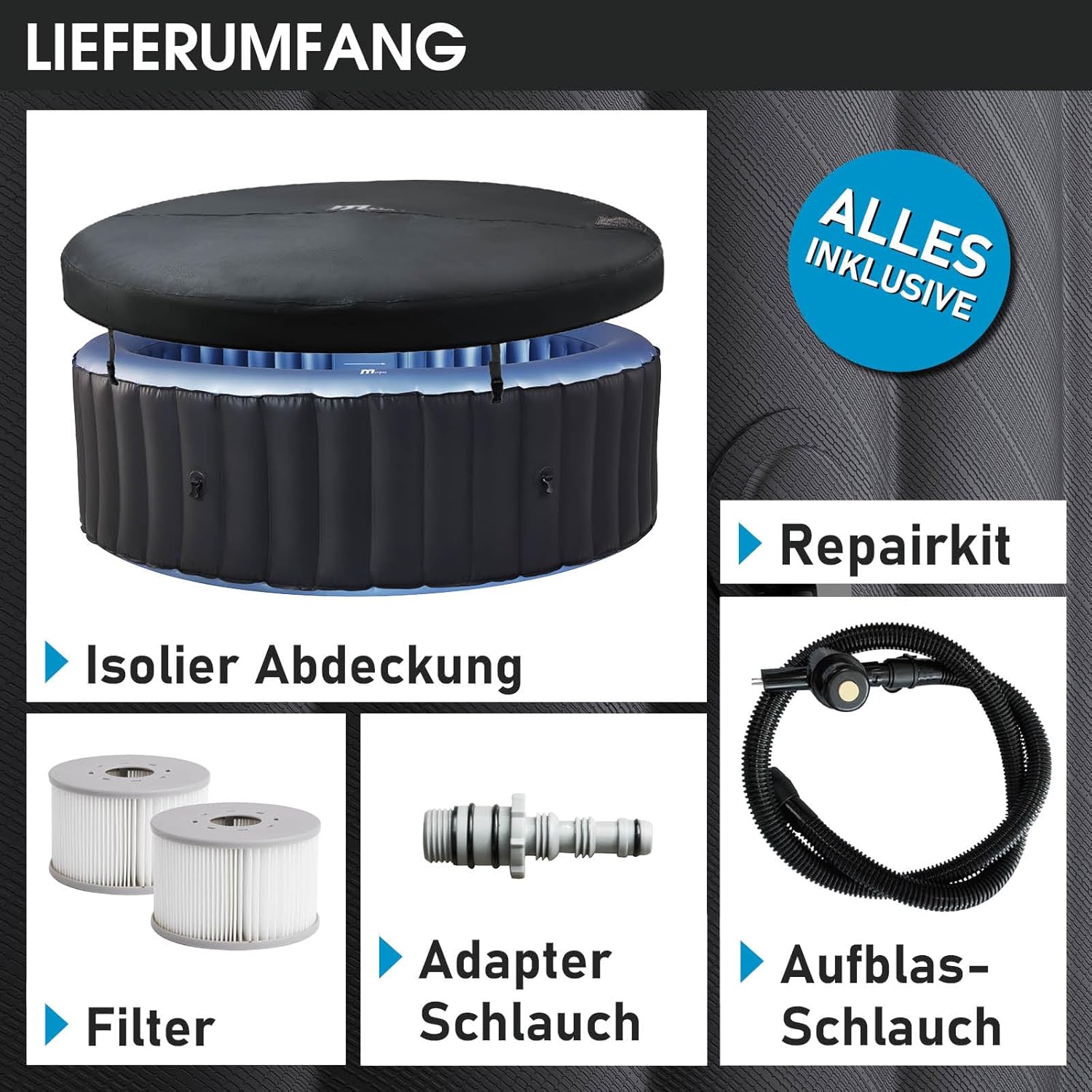 BRAST Whirlpool aufblasbar MSpa Bergen für 4-8 Personen | viele Größen Ø180-224cm | In- Outdoor Pool | Ganzjähriger Einsatz | bis zu 144 Massagedüsen | Stromsparend inkl. Energiespar-Timer | Bergen 4