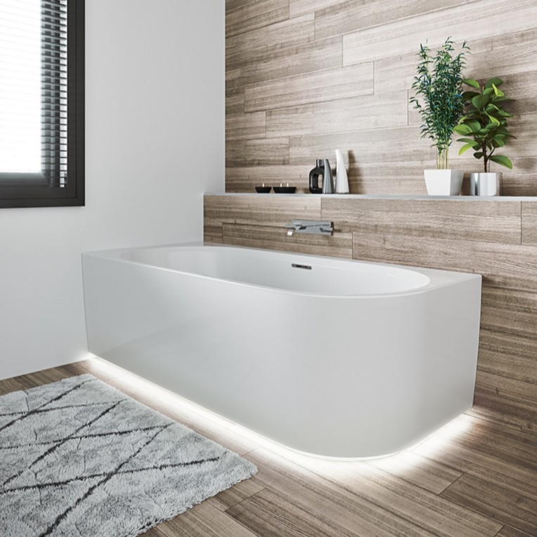 Riho Desire half vrijstaand bad rechts 184x84cm wit glans met LED strip en Fall overloop