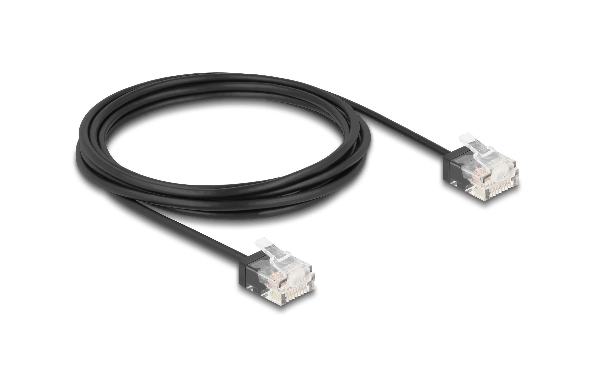 Patchkabel Cat 6, UTP, 3 m, SchwarzDelock RJ45 Netzwerkkabel Cat.6 UTP Ultra Slim 3 m schwarz mit kurzen Steckern
