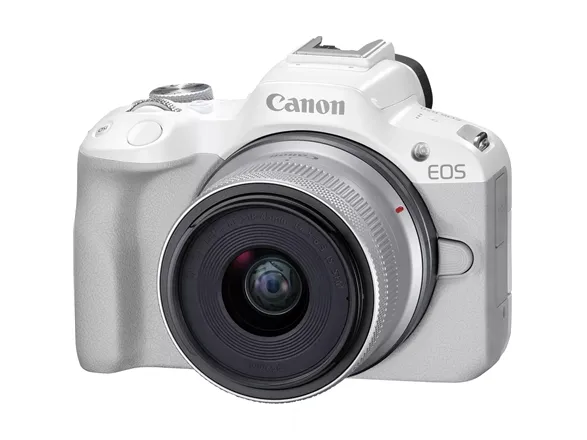 Canon EOS R50 - Digitalkamera - spejlløst - 24.2 MP - APS-C - 4K / 30 fps - 2.5x optisk zoom RF-S 18-45 mm F4.5-6.3 IS STM objektiv - Wi-Fi, Bluetooth - hvid