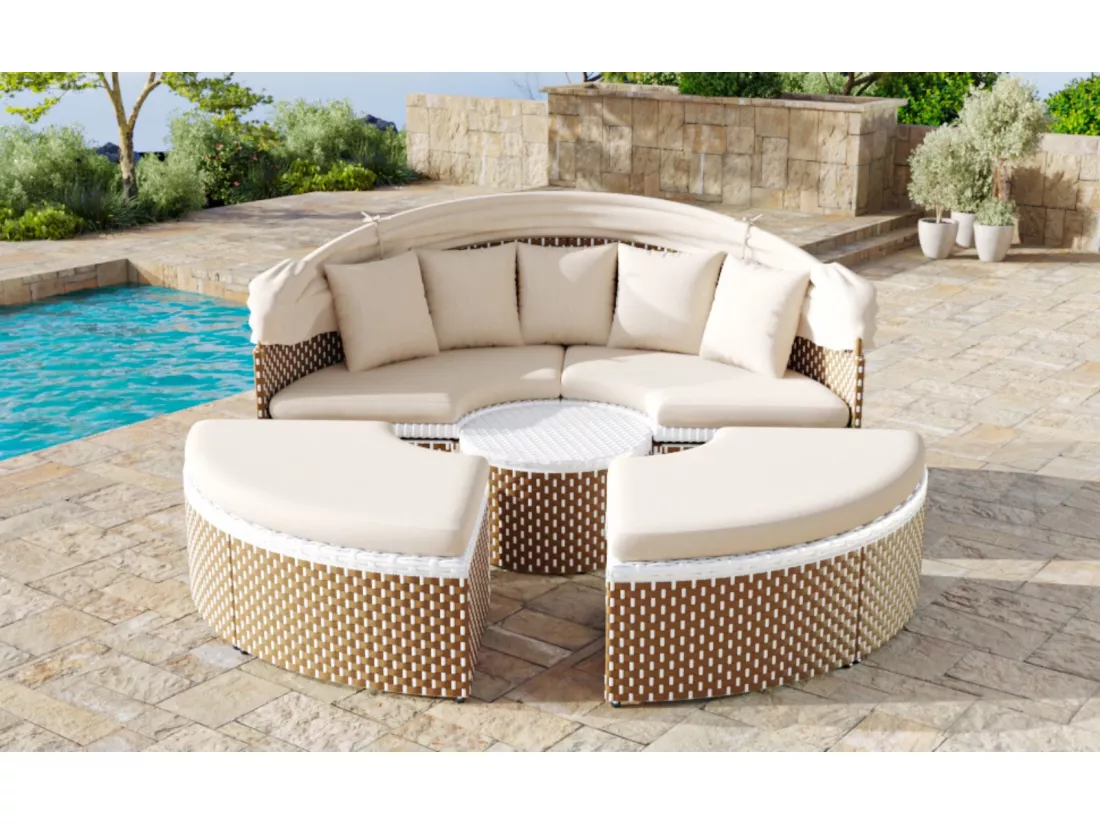 Salon de jardin en rotin tressée beige - cadres en fer - avec table basse relevable et 5 oreillers - 170x170x72/142cm