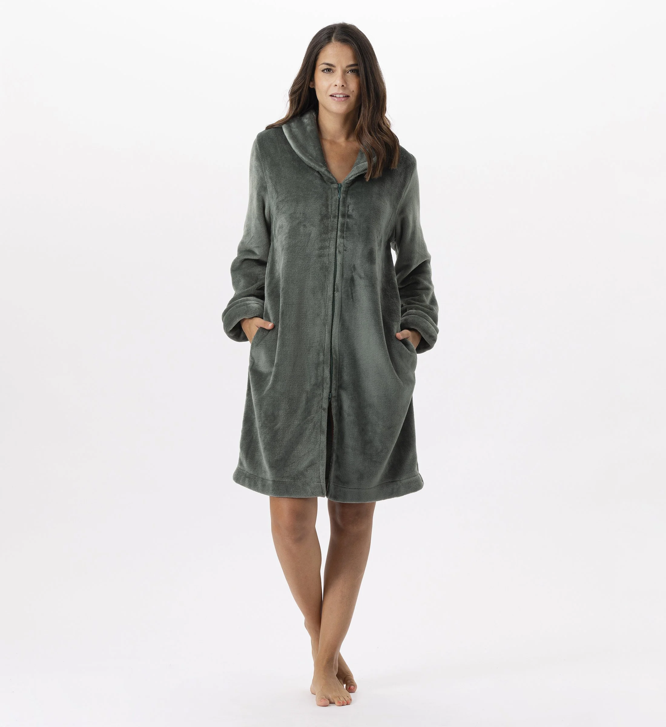 ESSENTIEL H56B - Robe de chambre zipée en peluche flanelle | Vert