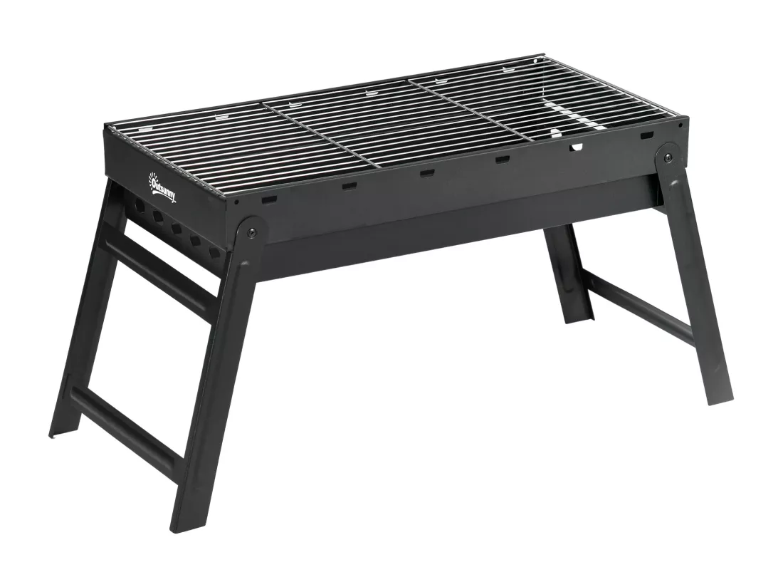 Barbecue à charbon de bois pliable portable dim. 74L x 30l x 37H cm avec grille acier noir
