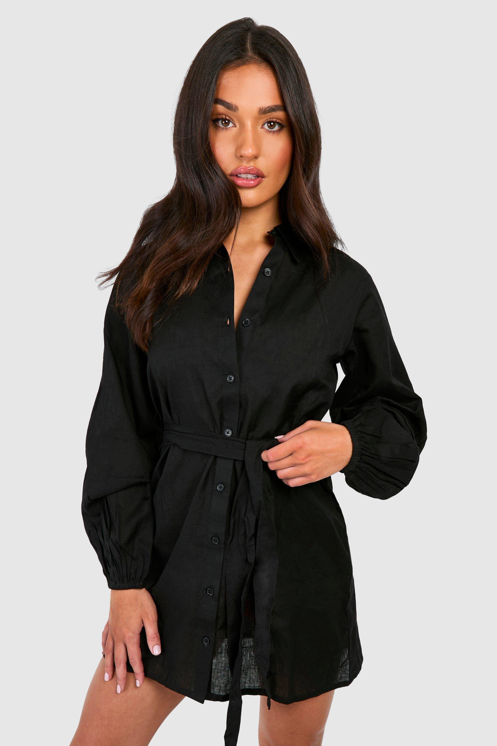 boohoo Petite robe chemise à ceinture effet lin