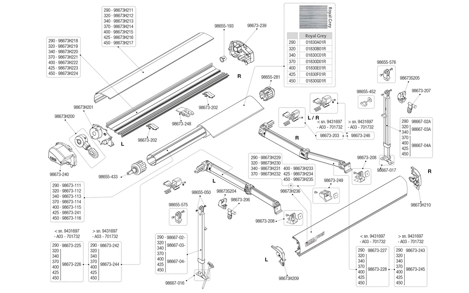 Fiamma Arm links 320 / 450 Ext. 250 für 80S Fiamma Artikelnummer 98673-226