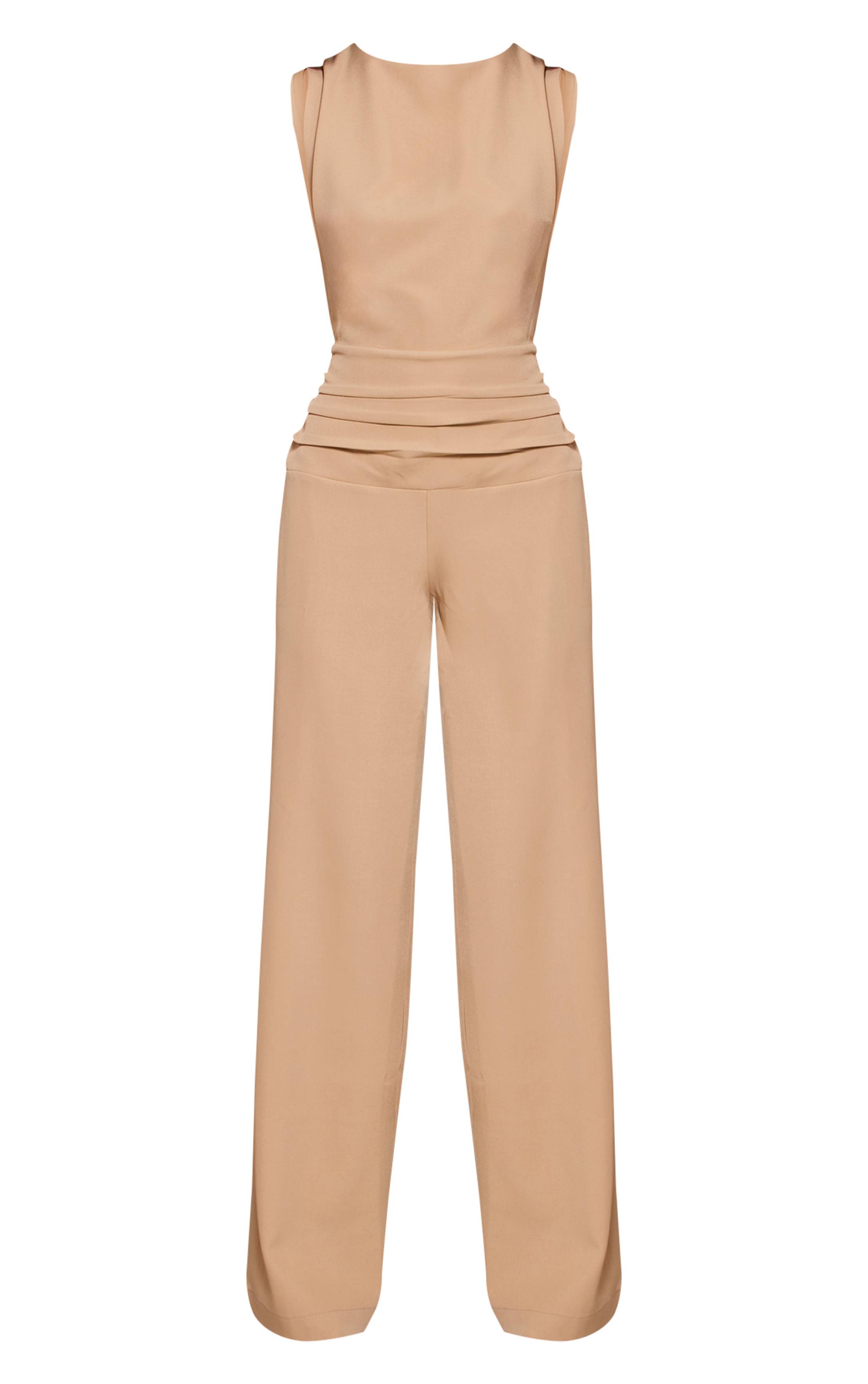 Beige Combinaison Pantalon Large En Tissu Tissé Col Rond Avec Détails Froncés
